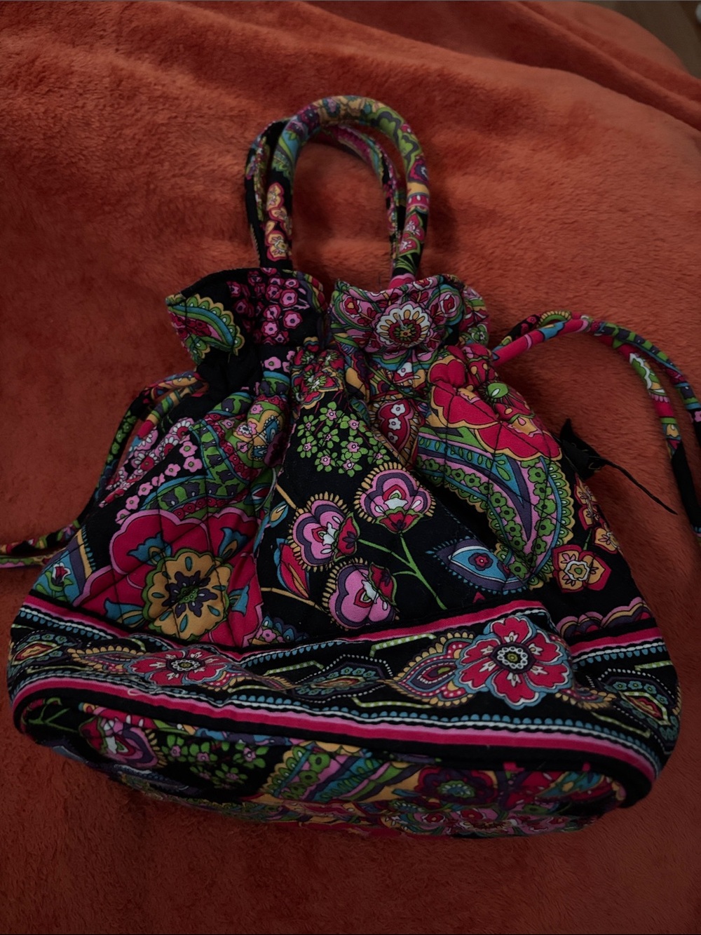 Vera Bradley Floral Pattern Drawstring Tote Bag in Black and Pink